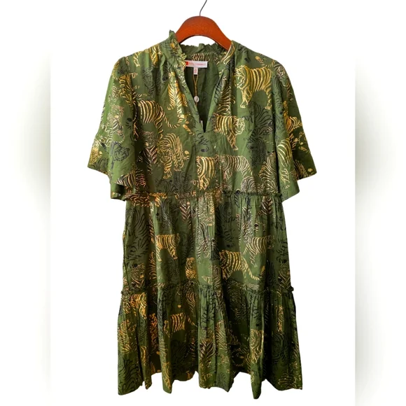 NWT Jude Connally Shirley Dress Cotton Voile Tiered Olive Mini Dress Size M - Picture 5 of 14